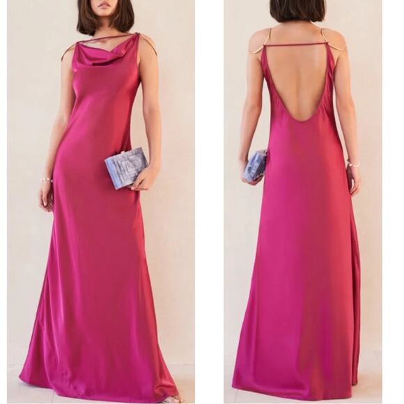 Cult Gaia Azaelia Gold Ring Shoulder Detail Cowl Neck Peony Pink Maxi Dress Sz M - Picture 2 of 13